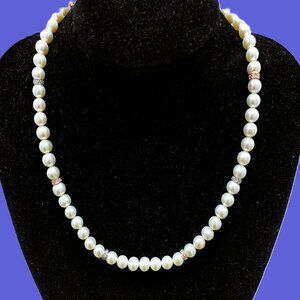7-7.5MM TWO TONE CULTURED PEARL NECKLACE W/STERING SILVER RONDELS & CZ